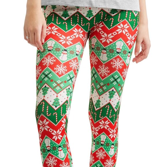 No Boundaries Seamless Christmas Leggings XL 15-17 Snowmen Trees Candy Canes Red - Picture 1 of 5